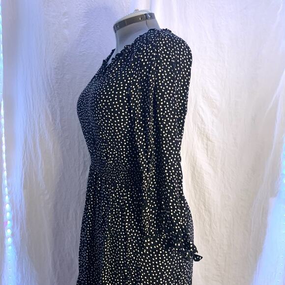 Talbots Dress Black White Dot Midi Dress Smocked Waist 3/4 Sleeve Ruffle Tier M - Picture 8 of 14
